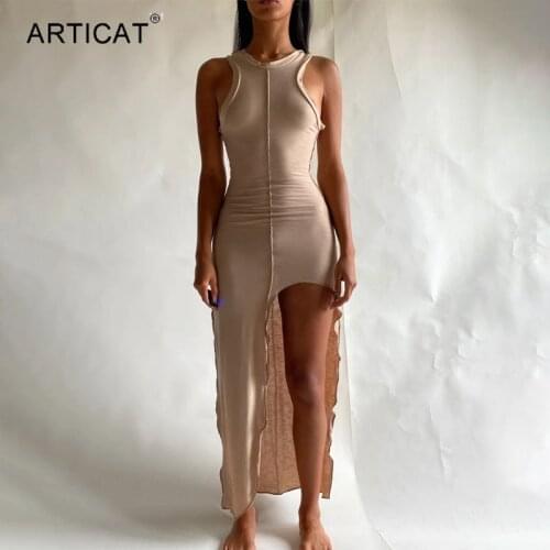 Articat Sexy Sleeveless Asymmetry Midi Dress Women Summer 2021 Fashion O-neck Bodycon Dresses Black Ladies Club Party Vestidos