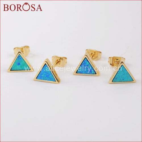 BOROSA Trendy Jewelry Gold Color Bezel Triangle Shape Blue Opal Japanese Opal Stud Earrings for Women Girls Jewelry ZG0226
