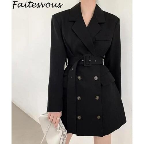 Black Blazers Women Korean Loose Long Suit Jackets With Belt New Office Ladies Eelgant Coats Spring Autumn 2021 New