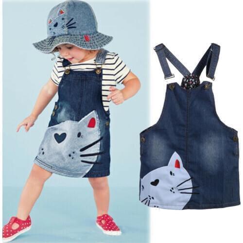 Toddler Baby Girls Cute Cat Pattern Denim Jeans Overalls Dress Clothes