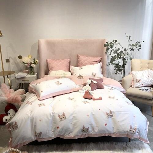 Ins Bedding Set Cute Kitten 60 Long-staple Cotton Duvet Cover Sheet Four-piece Digital Printing Cartoon Style Cotton Bedding