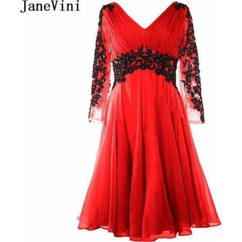 JaneVini Red Chiffon Plus Size Mother of The Bride Dresses Black Lace Appliques Beaded V Neck Long Sleeves A Line Evening Gowns