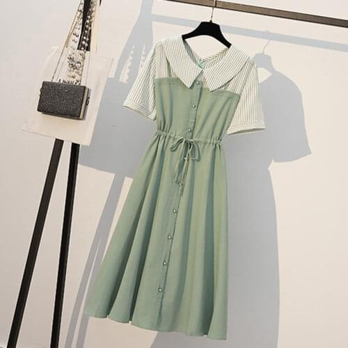 Summer Stripe Dress Plus Size Fashion Patchwork Green Dress Slim Lacing Waist Peter Pan Collar Single Breasted Long A-line Dress