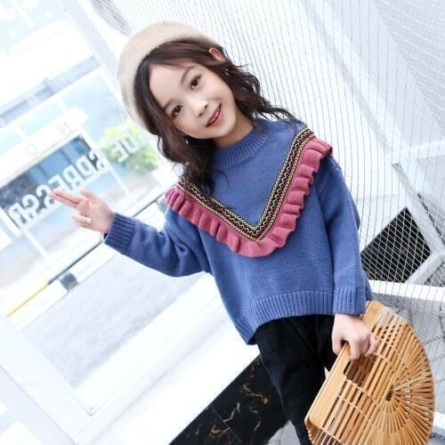 Foreign Trade Korean Childrens Fashion Ruffles Princess Sweaters Girls Fall Woollen Knitted Garment Kids Spliced Pullovers D13