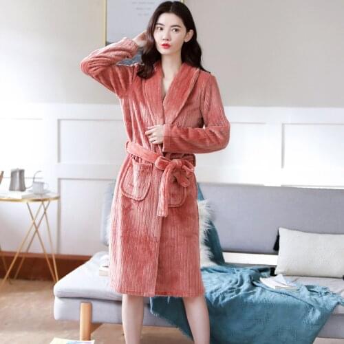 Soft Flannel Coral Fleece Womens Warm Full Sleeve Long Bath Robe Female Kimono Bathrobe Dressing Gown Robes Autumn Winter