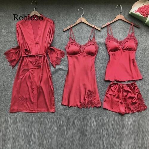 Satin Sleepwear Female with Chest Pads Sexy Women Pajamas Lace Slik Sleep Lounge 4 Pieces Sets Elegant Ladies Indoor Clothing