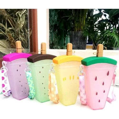 Plastic Water Bottles Cute Watermelon Ice Cream Water Bottle With Straw Bottle Anti-fall Portable Popsicle Cup Kids Water