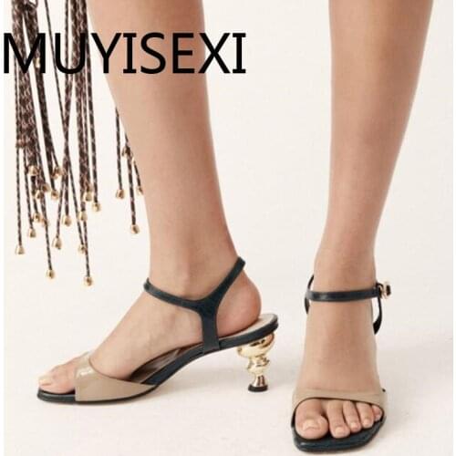 Sandals genuine leather 7cm high special style heels square peep toe beach vacation concise ankle straps sandals HL248 MUYISEXI