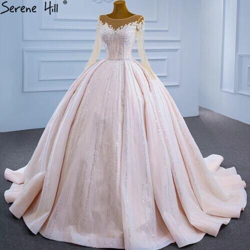 Serene Hill Muslim White Nude Wedding Dresses 2021 Luxury Sparkle High-end Lace Up Bridal Dress HM67253