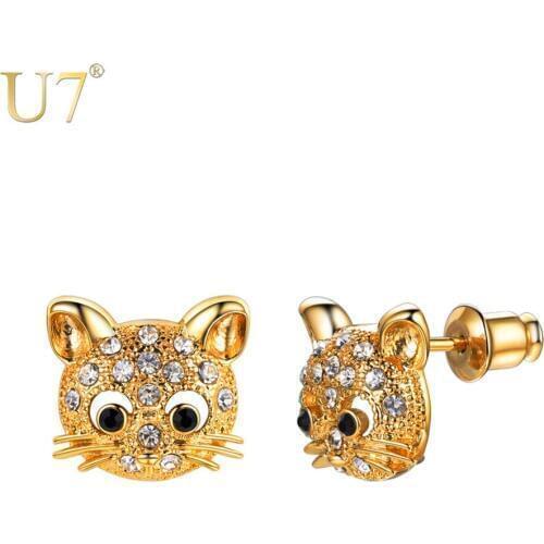 U7 Fashion Lovely Animal Cute Cat Rhinestone Ear Stud Earrings For Girl Women Birthday Gift Kitten brinco Jewelry 4 Colors E1013