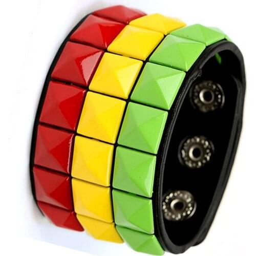 Colorful Wide Bracelet For Male Female Buckle Vintage Punk Double Belt Leather Wrist Friendship Bracelets Jewelry