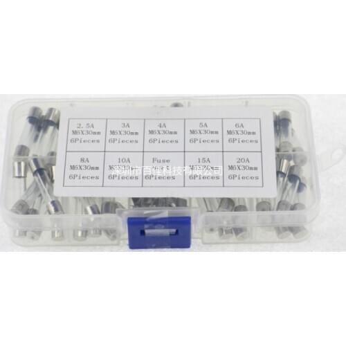 54Pcs Boxed 9 kinds specifications × 6Pcs 6x30mm glass fuse 2.5A~20A fuse