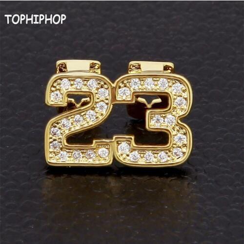 A New Micro-embedded Zircon Gold Tooth Holder With Two Digital Jordan 23 Hiphop Teeth Grillz
