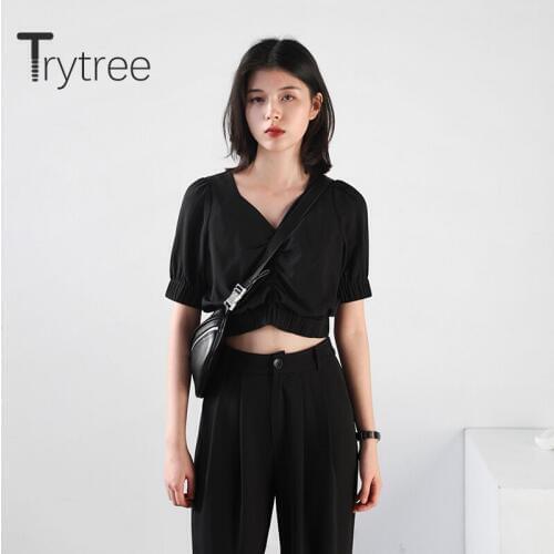 Trytree 2020 Summer Woman Casual T-shirt V-neck Solid Fashion Vintage Folds All-Purpose Style Office Lady Short T-shirt Top