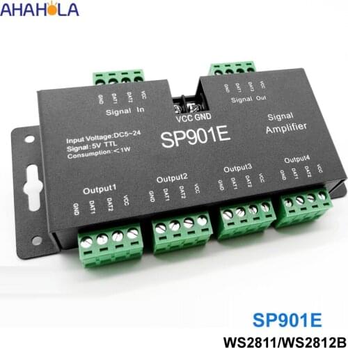 SP901E 4CH Ws2811 WS2812b Led Signal Amplifier 5v 12v 24v Ws2812b Rgb Strip Led Amplifier Work with Ws2811 Ws2812b Controller