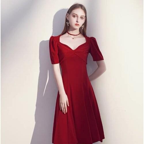 Vintage Burgundy Celebrity Dresses V-Neck Puff Sleeve Bow Pleat A-Line Knee-Length Elegant Wedding Banquet Red Carpet Party Gown