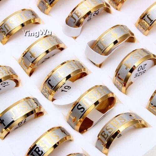 Yingwu 5pcs/lot Christmas Gift Jewelry Gold Stainless Steel Jesus Cross Rings Engrave Letter Church Prayer Rings for Men Women
