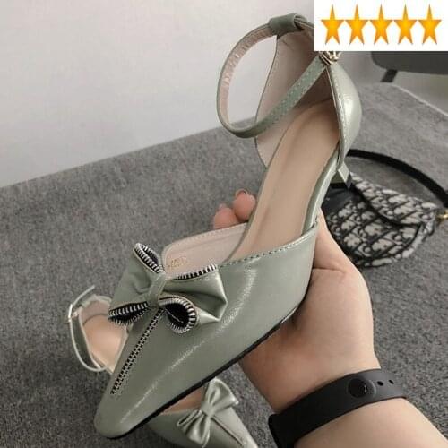 Shoes Women Elegant Buckle Summer Zip Design Bow PU Leather Low Heel Fashion Ladies Party Stiletto Sandals