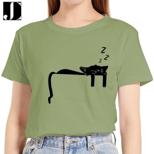 Women Summer T-shirt Cotton 100% Short Sleeve Sleeping Cat Print Female Fashion Graphic Clothes Ladies Kawaii Plus Size Tee Tops