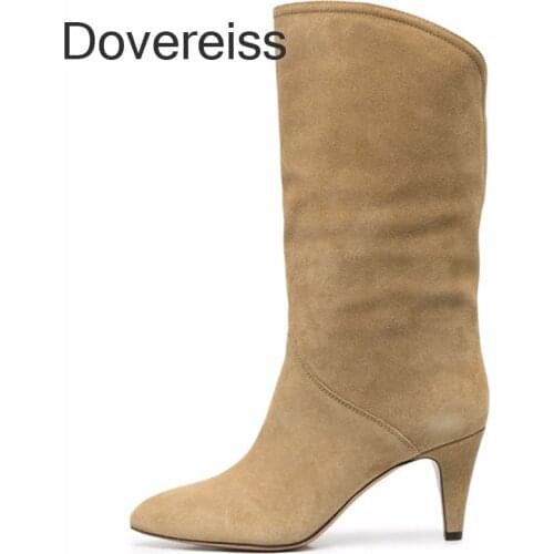 Dovereiss Winter New Fashion Sexy Pointed toe Clear Heels Boots Stilettos Heels Genuine Leather Suede Knee High Boots 41 42 43