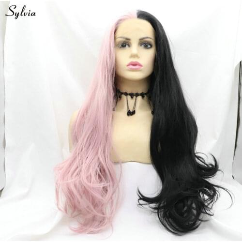 Sylvia Half Black Half Purple Synthetic Lace Front Wigs with Side Bangs Wavy Heat Resistant Hair for Women Party