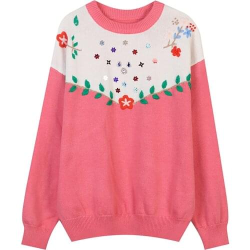 Autumn And Winter 2021 New Womens Round Neck Long Sleeve Contrast Flower Embroidery Loose Knit Thick Warm Pullover