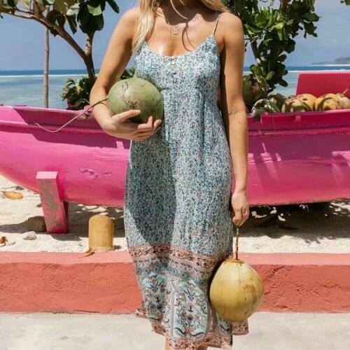 Happie Queens women floral print sleeveless beach Bohemian Spaghetti Strap dress Ladies rayon cotton Boho maxi dress vestidos