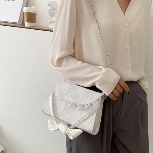 1PCS Women Vintage Handbag Lace Mesh Pearl Chain Travel Bag Bow Shoulder Tote Bag