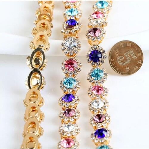1 Yard/lot 1.2cm Width Sparkle Gold Multi Colored Vintage Glass Rhinestone Chain Garment Accessories Rhinestone Trim