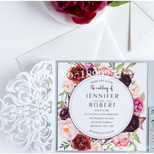50PCS Tri-fold Square Flowers Lace Laser Cut Customized Paper Wholesale Wedding Invitation Cards with Envelope