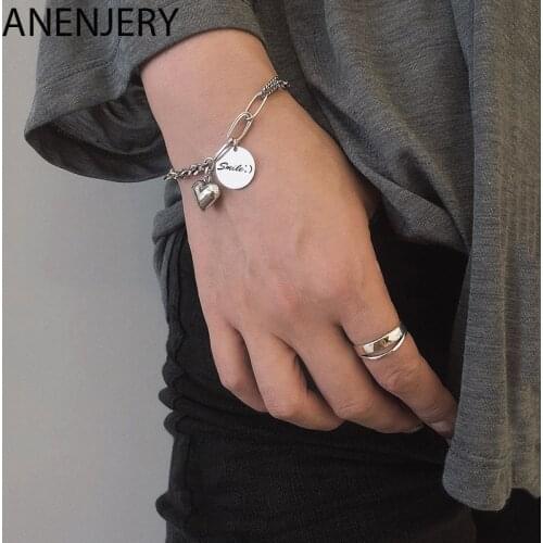 ANENJERY 925 Sterling Silver Smooth Love Heart Smiling Face Thai Silver Bracelet Punk Jewelry For Women Chain Bracelet S-B345
