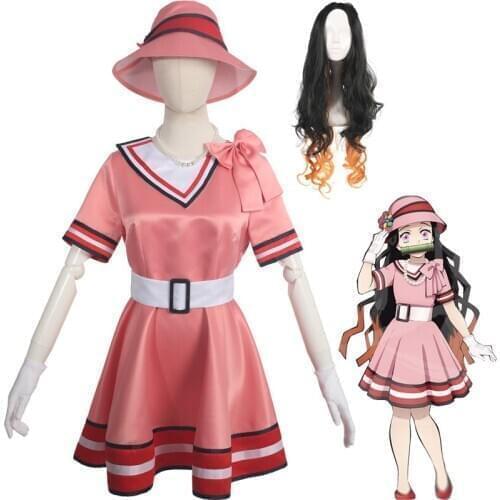 Demon Slayer Kamado Nezuko Cosplay Costumes Anime Pink Dress Accessories Womens Clothing Suits Women Girls Halloween Carnival