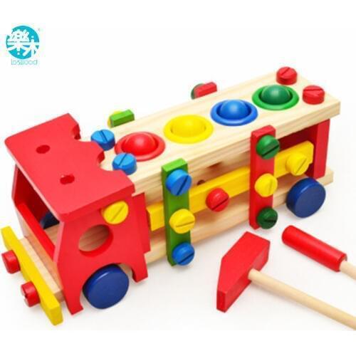 Baby wooden toy tools kids tool car Disassemble Table games Learning Educational Knock on the ball Screw assembly garden game