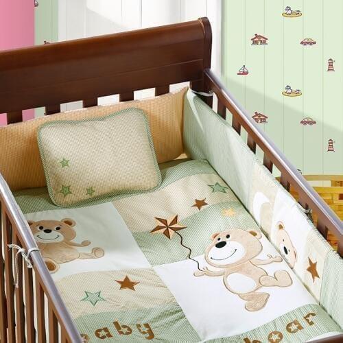 7PCS embroidered crib cot bedding set ropa de cuna ,infant nursery set,baby bedding set baby bumper (4bumper+duvet+sheet+pillow)
