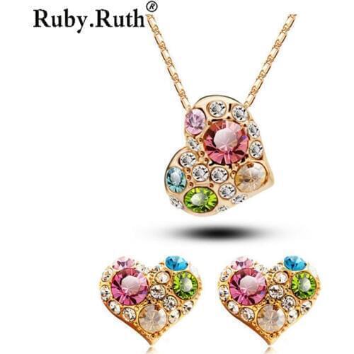 Jewelry Set Women Wedding Gold Color Crystal Love Necklace Earring Sets
