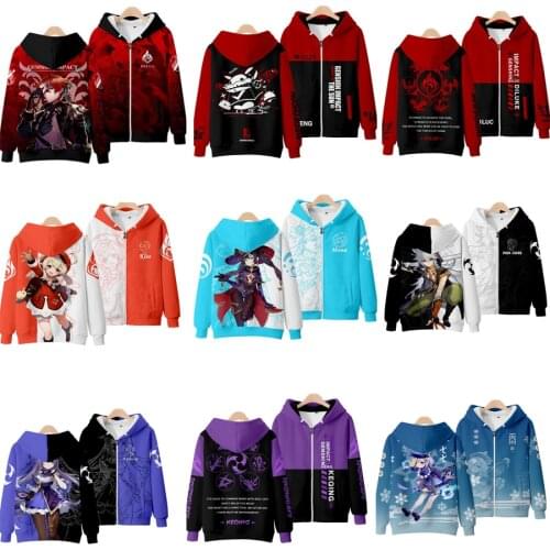 Genshin Impact Cosplay Costume Hu Tao Tartaglia Klee Diluc Venti Paimon Zhongli Keqing Unisex 3D Hoodie Zipper Hooded Sweatshirt
