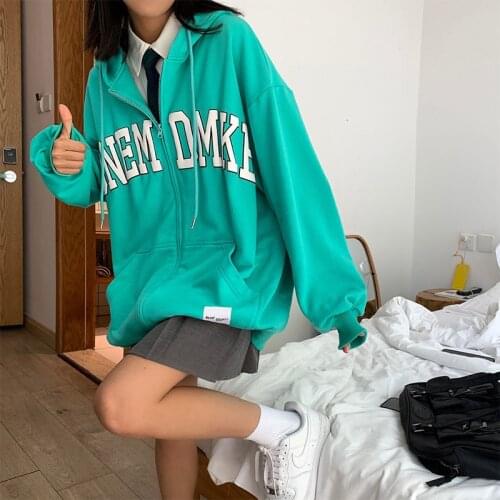 Women 2021 Autumn New Printed Loose Long Sleeve Zip-up Hoodies Oversized Vintage Streetwear 90s College Students Harajuku Jacket