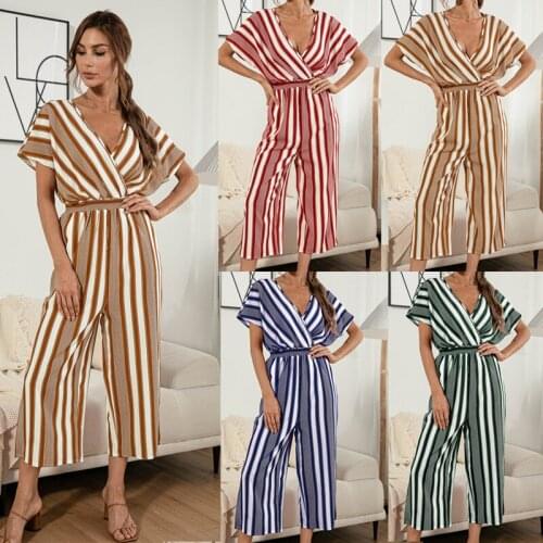 Leosoxs Summer Sexy Deep V Neck Wide Feet Casual Womens Jumpsuits 2021 New Fashion Short Sleeve Empire Stripe Ladies Jumpsuits