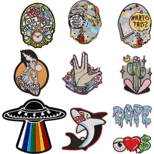 Halloween Punk Shark Iron on Patches for Clothing Stickers Stripes Appliques on Clothes Creative Cactus Embroidery Badges