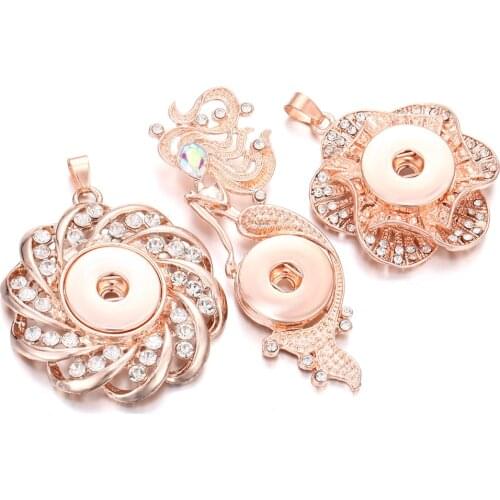 New Snap Jewelry Snap Button Necklace Fashion Rhinestone Flower Rose Gold Snap Button Jewelry Fit 18mm 20mm Snap Buttons