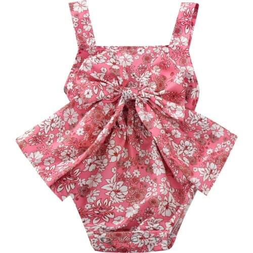 OPPERIAYA Toddler Baby Girls Flower Print Square Neck Sleeveless Bodysuit Casual Playsuit with Big Bowknot for Summer