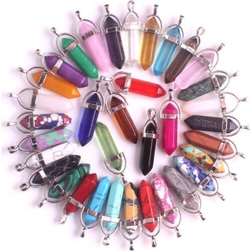 Wholesale 50pcs/lot Assorted Roses Quartz Opal Natural Stone Pendants Charms Hexagonal Pointed Healing Reiki 7 Chakra Pendulum