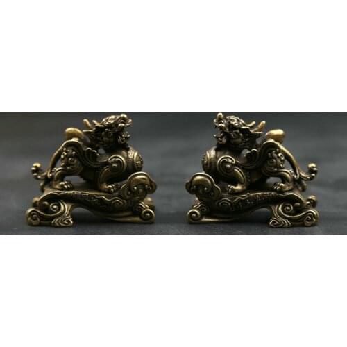 49MM Small Curio Chinese Bronze Animal Unicorn Beast Kylin Chi-lin Statue Pair