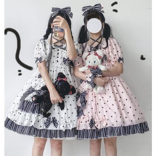 Lolita dress Summer square collar bowknot wave point kawaii dress puff sleeve gothic lolita op high waist victorian dress cos