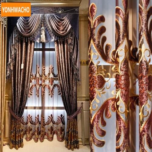 Custom curtains Luxury living room gradient Italian flannel thick coffee velvet cloth blackout curtain tulle panel valance B394