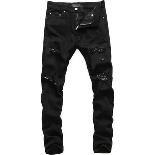 Distressed Ripped Vintage Denim Black Jeans Men Bandana Patched Jeans For Men Skinny Hight Street Trendy Brand Denim Pants