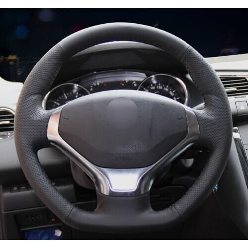 Hand-stitched black artificial leather steering wheel cover for Peugeot 3008 2013-2015 2014