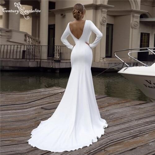 Simple Wedding Dresses Mermaid 2021 Long Sleeve V-Neck Backless Beaded Elegant Bride Dress Bridal Gowns Vestido De Noiva