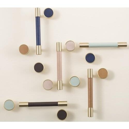 Handmade leather+ brass Handles Drawer Cabinet Knobs Kitchen Door Handle Cupboard Wardrobe Pull Handles Furniture Hardware