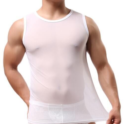 Sexy Mens Undershirts Mesh Transparent T-Shirt Singlets Fitness Sleeveless Tops Tee Sleepwear Underwear Camiseta Shirts